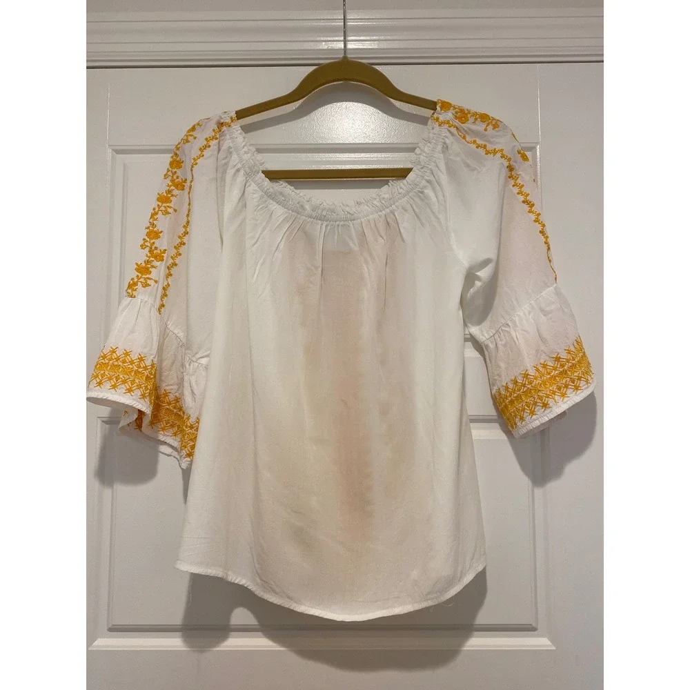Savanna Jane L White Yellow Embroidered Peasant Blouse Bell Sleeve Top  Boho 099 - Picture 6 of 11